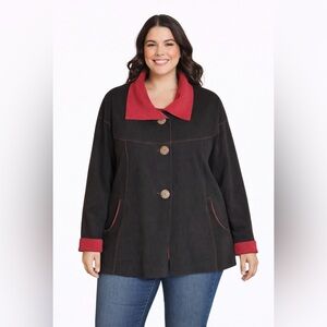 Junonia Black Button Front Sweatshirt with Burgundy Accents. Size 1X